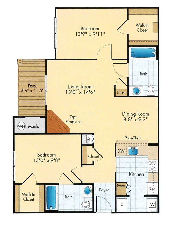 Floor plan for 2 beds, 2 baths, 1014 sqft